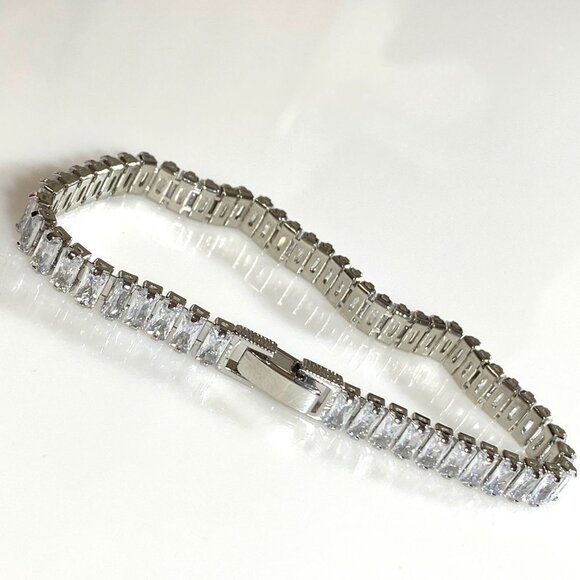 Sterling Silver with Clear Cubic Zirconia Baguette Tennis Bracelet - Picture 7 of 12